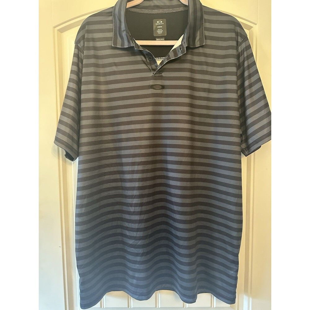 Men’s Oakley Xl Polo Black And Gray Stripped Short Sleeve Black Logo